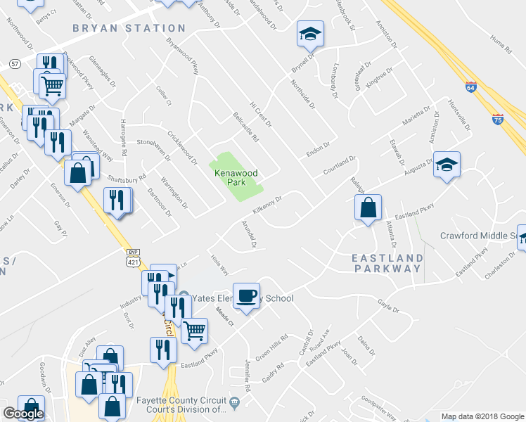 map of restaurants, bars, coffee shops, grocery stores, and more near 1630 Kilkenny Drive in Lexington