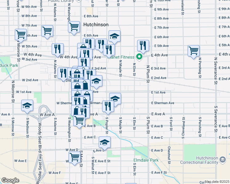 map of restaurants, bars, coffee shops, grocery stores, and more near 213 East 1st Avenue in Hutchinson