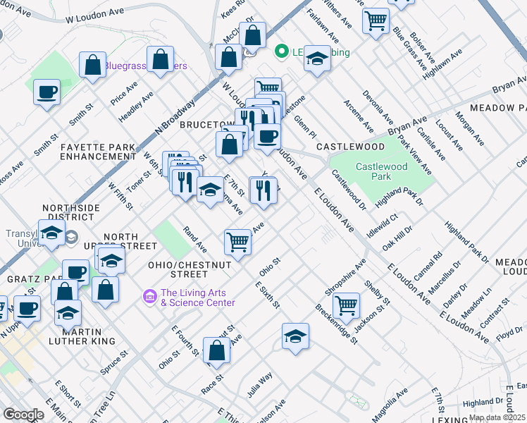 map of restaurants, bars, coffee shops, grocery stores, and more near 209 East 7th Street in Lexington