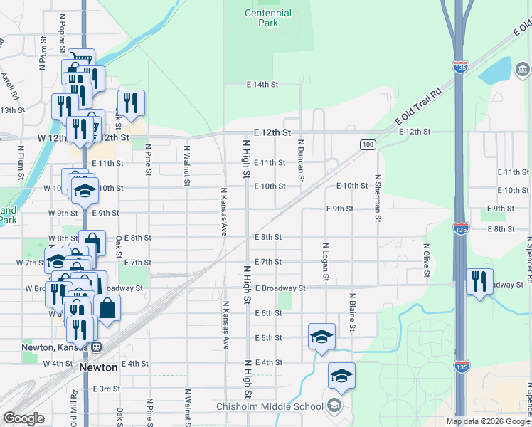 map of restaurants, bars, coffee shops, grocery stores, and more near 1000 North Magnolia Street in Newton