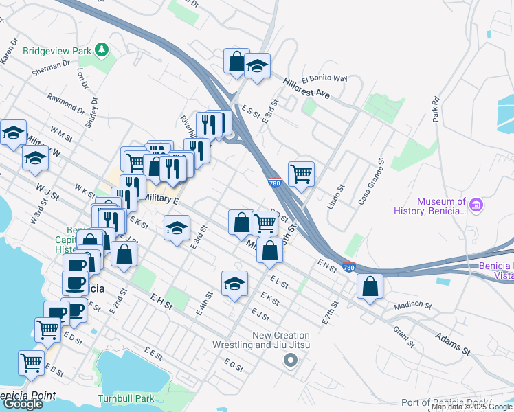 map of restaurants, bars, coffee shops, grocery stores, and more near 382 East O Street in Benicia