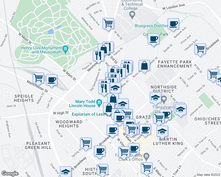 map of restaurants, bars, coffee shops, grocery stores, and more near 175 Jefferson Street in Lexington