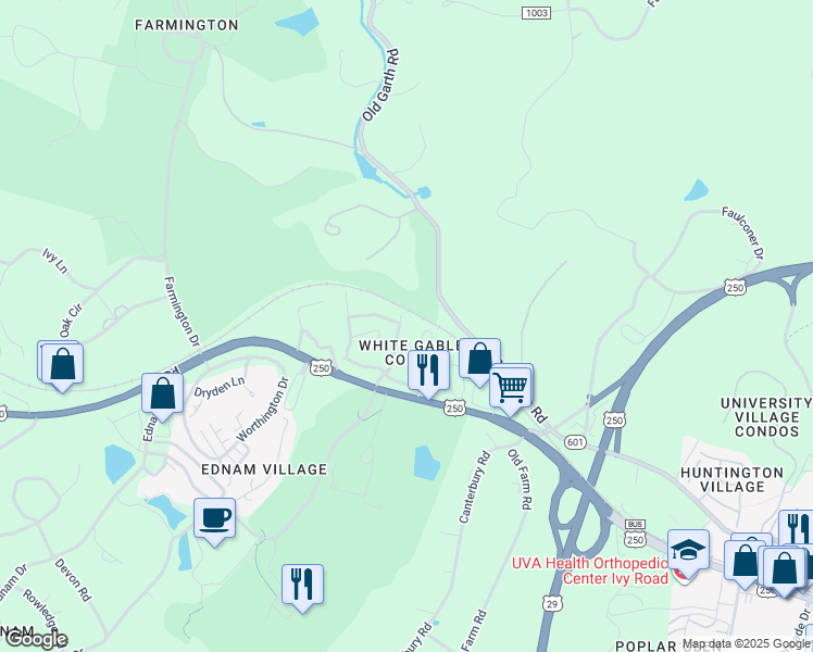 map of restaurants, bars, coffee shops, grocery stores, and more near 850 Colridge Drive in Charlottesville