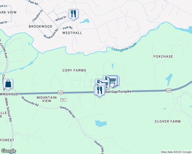 map of restaurants, bars, coffee shops, grocery stores, and more near 317 Patriot Way in Charlottesville