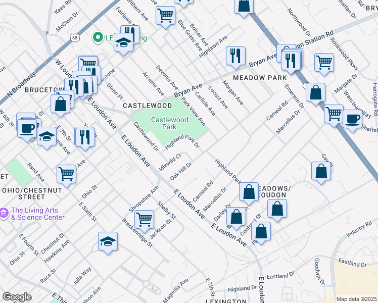 map of restaurants, bars, coffee shops, grocery stores, and more near 933 Idlewild Court in Lexington