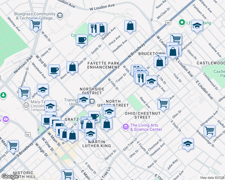 map of restaurants, bars, coffee shops, grocery stores, and more near 458 Campbell St in Lexington