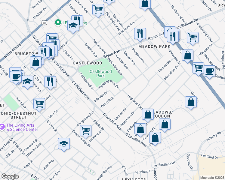 map of restaurants, bars, coffee shops, grocery stores, and more near 933 Idlewild Court in Lexington