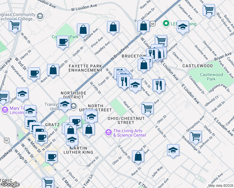 map of restaurants, bars, coffee shops, grocery stores, and more near 545 North Limestone in Lexington
