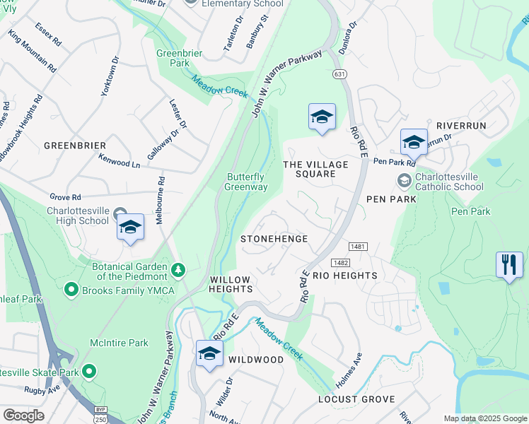 map of restaurants, bars, coffee shops, grocery stores, and more near 582 Whitcover Circle in Charlottesville