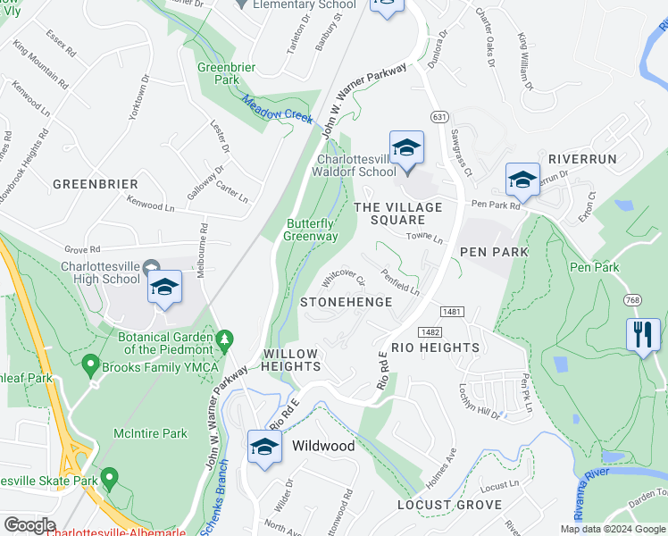 map of restaurants, bars, coffee shops, grocery stores, and more near 582 Whitcover Circle in Charlottesville
