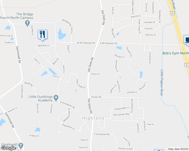 map of restaurants, bars, coffee shops, grocery stores, and more near 131 Palace Drive in Evansville