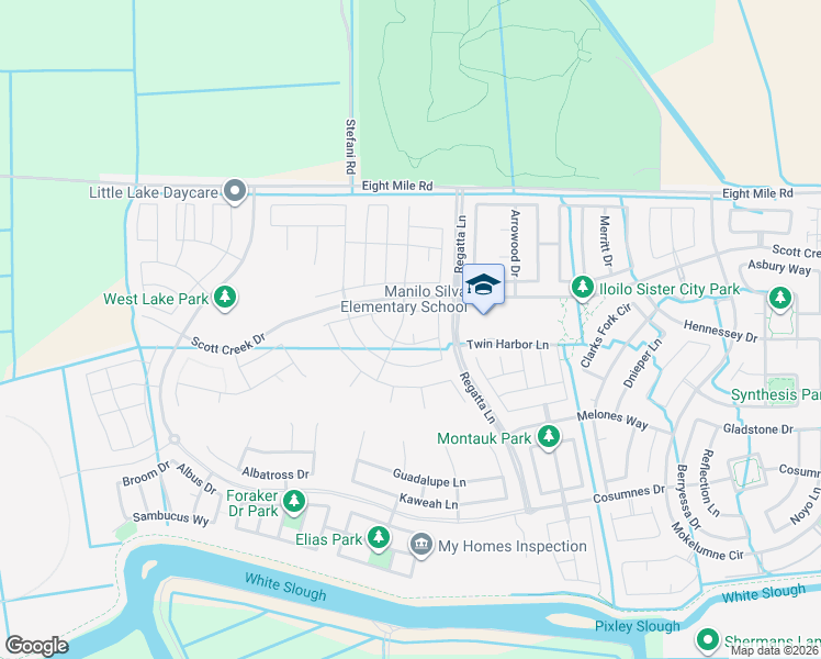 map of restaurants, bars, coffee shops, grocery stores, and more near 10599 Regatta Lane in Stockton