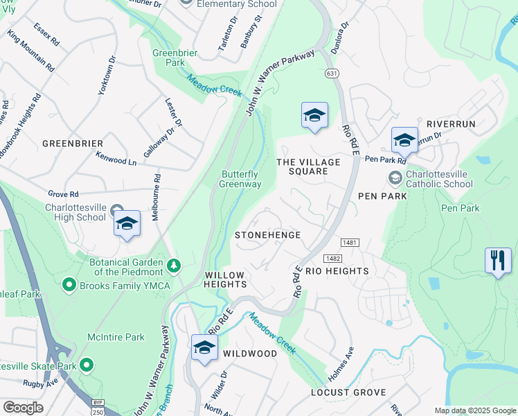 map of restaurants, bars, coffee shops, grocery stores, and more near 582 Whitcover Circle in Charlottesville