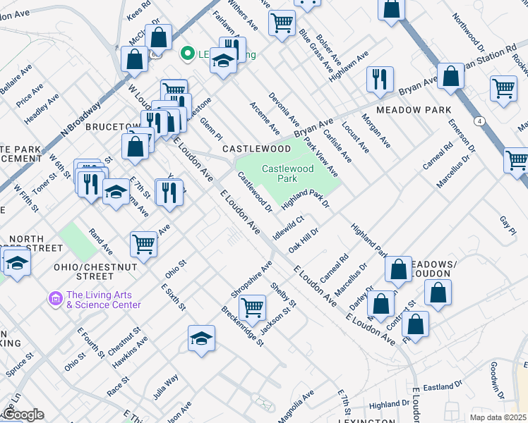 map of restaurants, bars, coffee shops, grocery stores, and more near 238 Castlewood Drive in Lexington