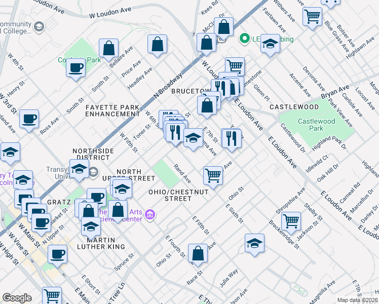map of restaurants, bars, coffee shops, grocery stores, and more near 123 East Sixth Street in Lexington