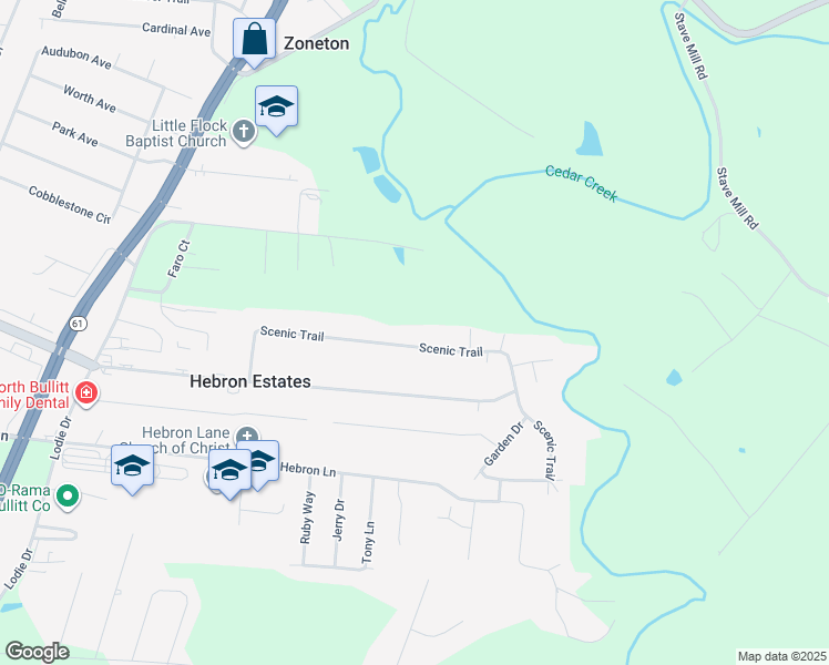 map of restaurants, bars, coffee shops, grocery stores, and more near 3935 Scenic Trail in Hebron Estates