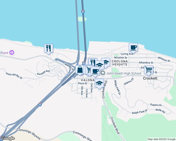 map of restaurants, bars, coffee shops, grocery stores, and more near 615 1st Avenue in Crockett