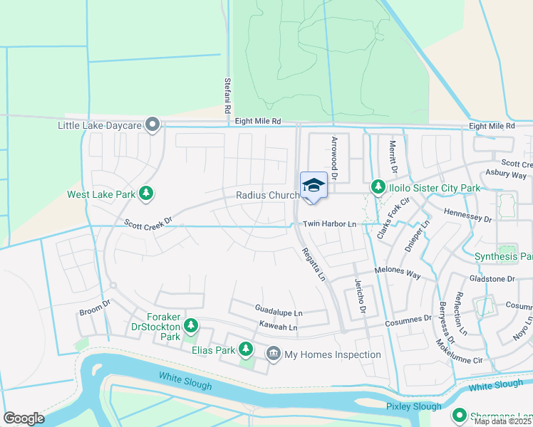 map of restaurants, bars, coffee shops, grocery stores, and more near 10599 Regatta Lane in Stockton