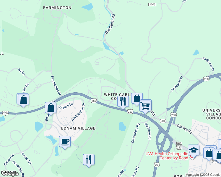 map of restaurants, bars, coffee shops, grocery stores, and more near 646 Eight Woods Lane in Charlottesville