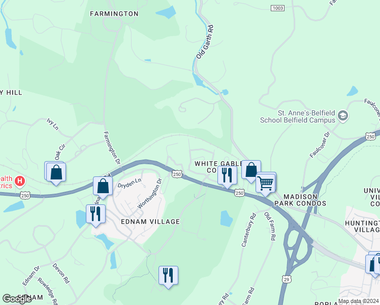 map of restaurants, bars, coffee shops, grocery stores, and more near 953 Marsh Lane in Charlottesville