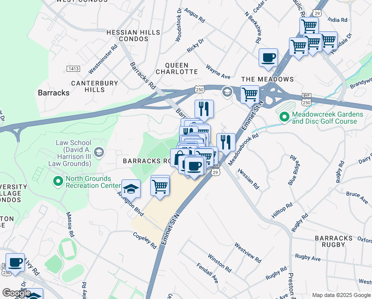 map of restaurants, bars, coffee shops, grocery stores, and more near 1135 Millmont Street in Charlottesville