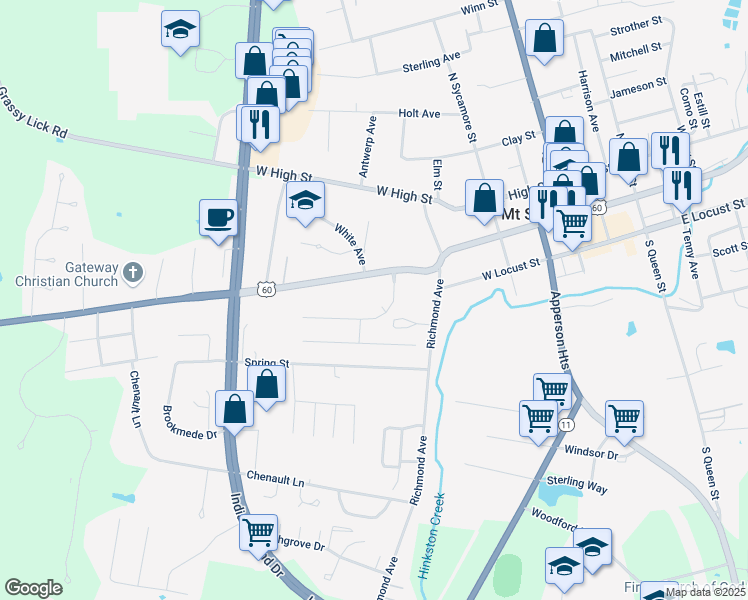 map of restaurants, bars, coffee shops, grocery stores, and more near 108 Swiss Stone Way in Mount Sterling