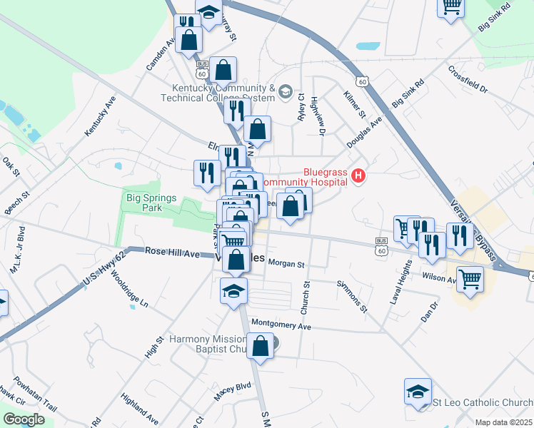 map of restaurants, bars, coffee shops, grocery stores, and more near 141 North Locust Street in Versailles