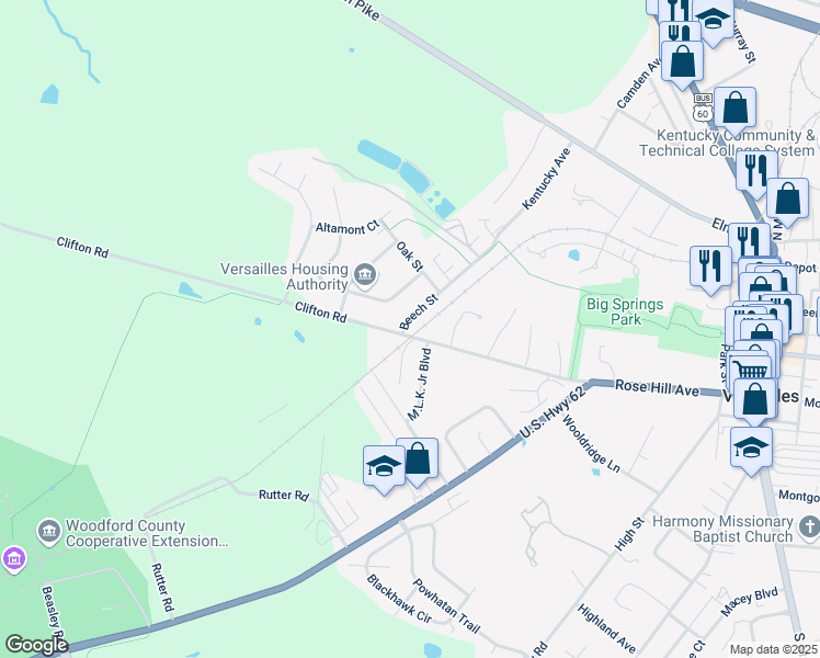 map of restaurants, bars, coffee shops, grocery stores, and more near 502 Beech Street in Versailles