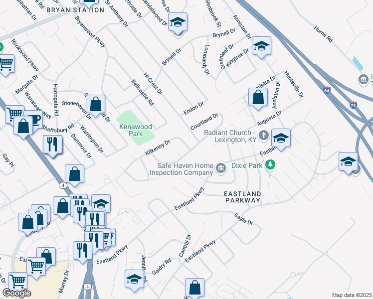 map of restaurants, bars, coffee shops, grocery stores, and more near 1698 Kilkenny Drive in Lexington
