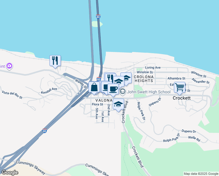 map of restaurants, bars, coffee shops, grocery stores, and more near 607 2nd Avenue in Crockett