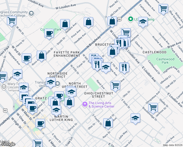 map of restaurants, bars, coffee shops, grocery stores, and more near 541 North Limestone in Lexington