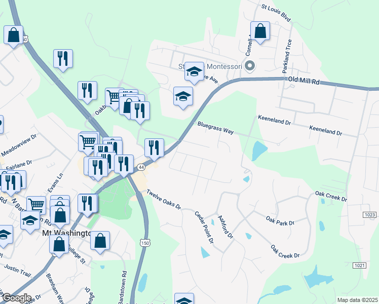 map of restaurants, bars, coffee shops, grocery stores, and more near 152 Terrace Drive in Mount Washington
