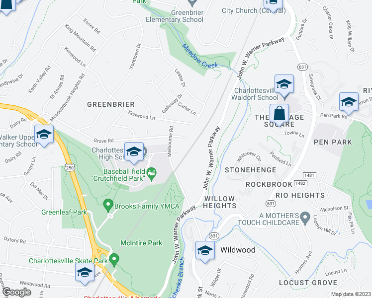 map of restaurants, bars, coffee shops, grocery stores, and more near 1310 Grove Road in Charlottesville