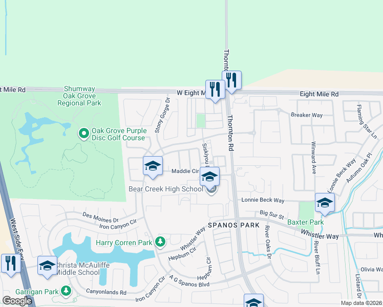 map of restaurants, bars, coffee shops, grocery stores, and more near 4222 Maddie Circle in Stockton