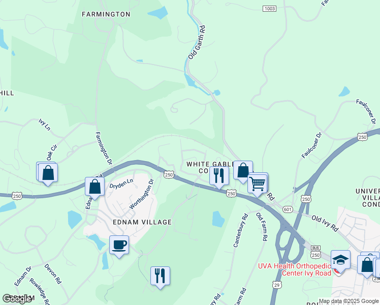 map of restaurants, bars, coffee shops, grocery stores, and more near 618 Eight Woods Lane in Charlottesville
