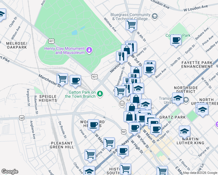 map of restaurants, bars, coffee shops, grocery stores, and more near in Lexington