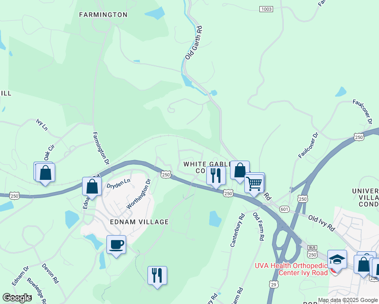 map of restaurants, bars, coffee shops, grocery stores, and more near 624 Eight Woods Lane in Charlottesville