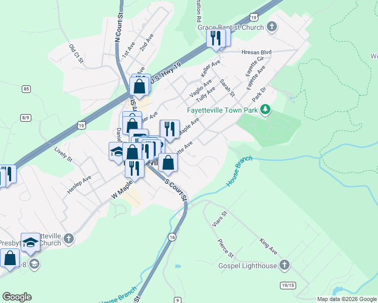 map of restaurants, bars, coffee shops, grocery stores, and more near 178 Fayette Avenue in Fayetteville
