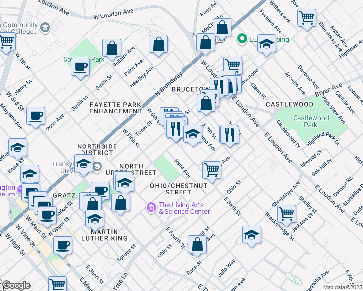 map of restaurants, bars, coffee shops, grocery stores, and more near 115 East Sixth Street in Lexington