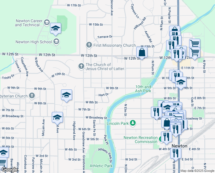 map of restaurants, bars, coffee shops, grocery stores, and more near 612 West 9th Street in Newton