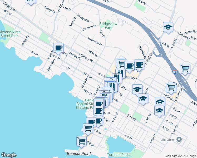 map of restaurants, bars, coffee shops, grocery stores, and more near 258 West J Street in Benicia