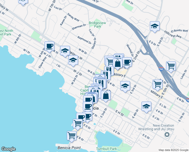 map of restaurants, bars, coffee shops, grocery stores, and more near 190 West K Street in Benicia