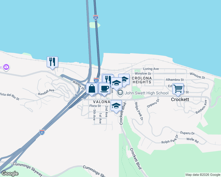 map of restaurants, bars, coffee shops, grocery stores, and more near 614 3rd Avenue in Crockett