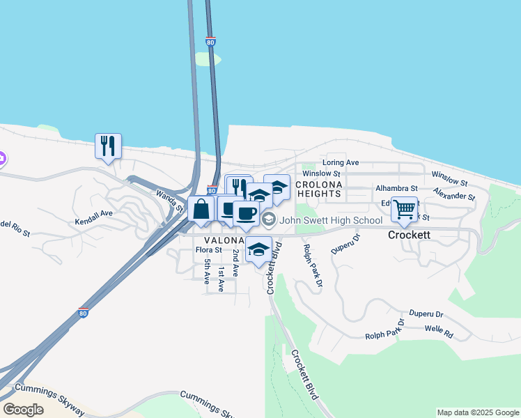 map of restaurants, bars, coffee shops, grocery stores, and more near 1103 4th Avenue in Crockett