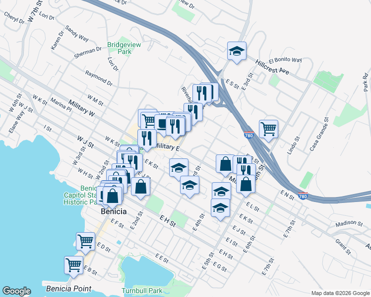 map of restaurants, bars, coffee shops, grocery stores, and more near 213 Military West in Benicia