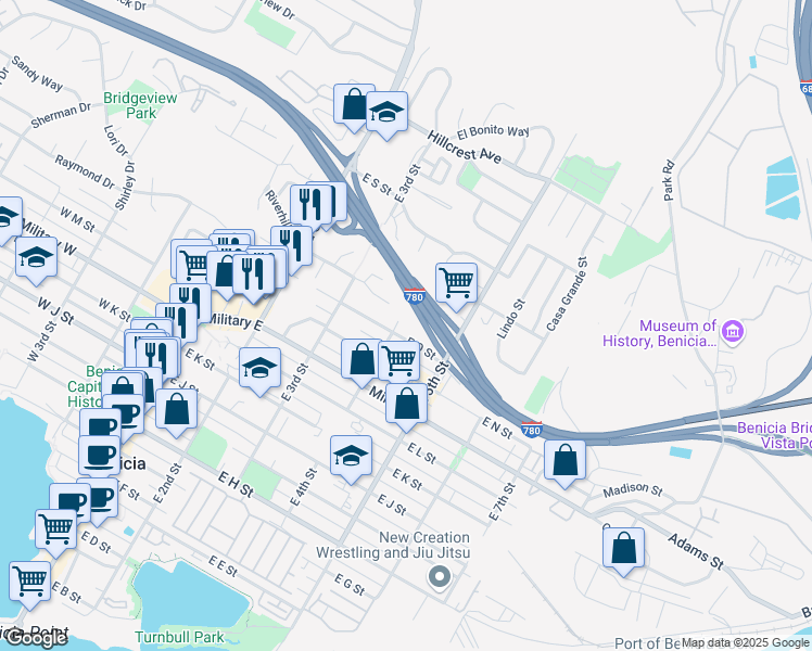 map of restaurants, bars, coffee shops, grocery stores, and more near 431 East O Street in Benicia