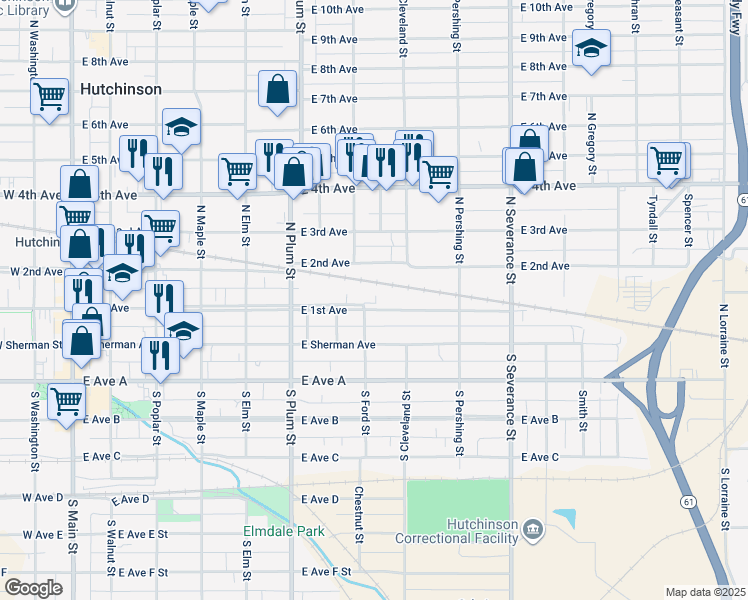 map of restaurants, bars, coffee shops, grocery stores, and more near 600 East 1st Avenue in Hutchinson