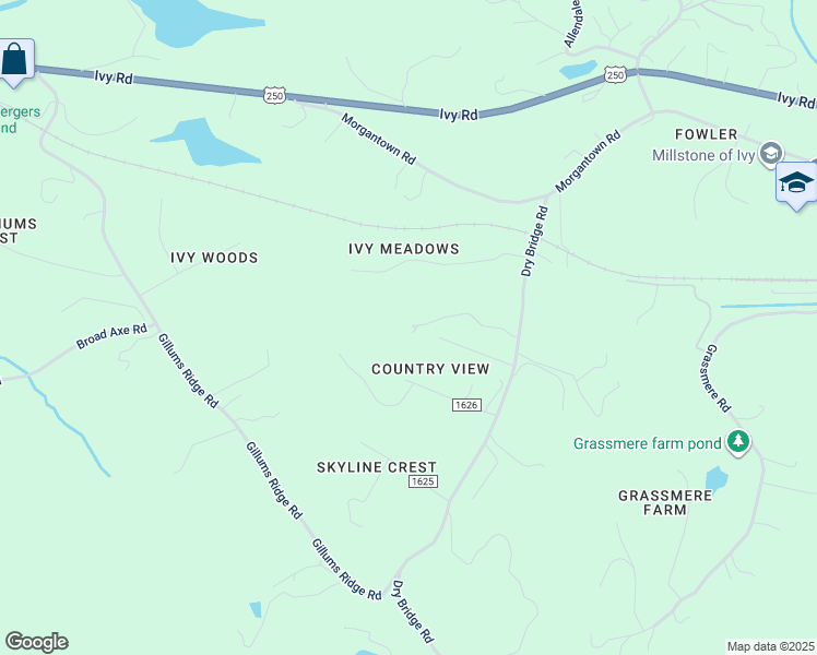 map of restaurants, bars, coffee shops, grocery stores, and more near 3675 Country Woods Lane in Charlottesville