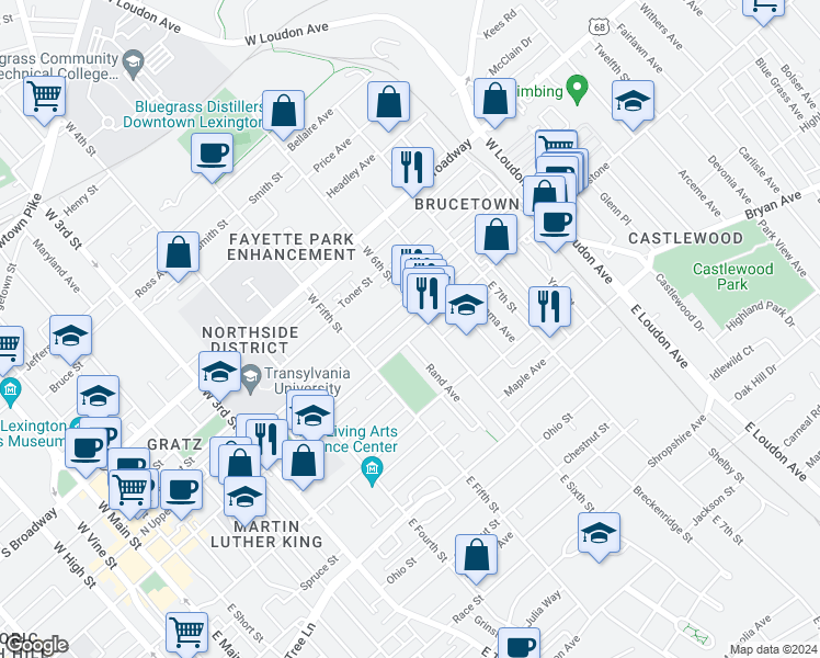 map of restaurants, bars, coffee shops, grocery stores, and more near 557 North Limestone in Lexington