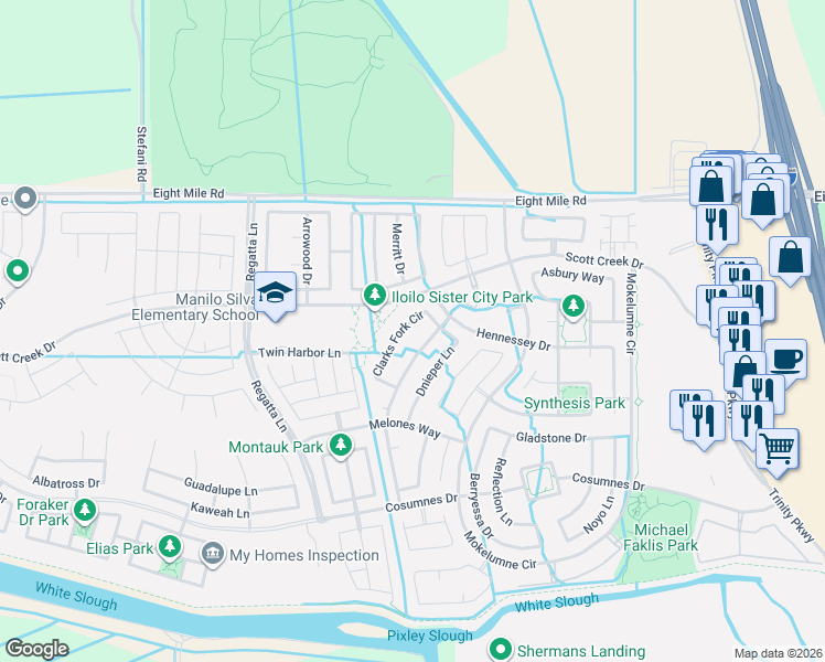 map of restaurants, bars, coffee shops, grocery stores, and more near 10577 Rubicon Avenue in Stockton